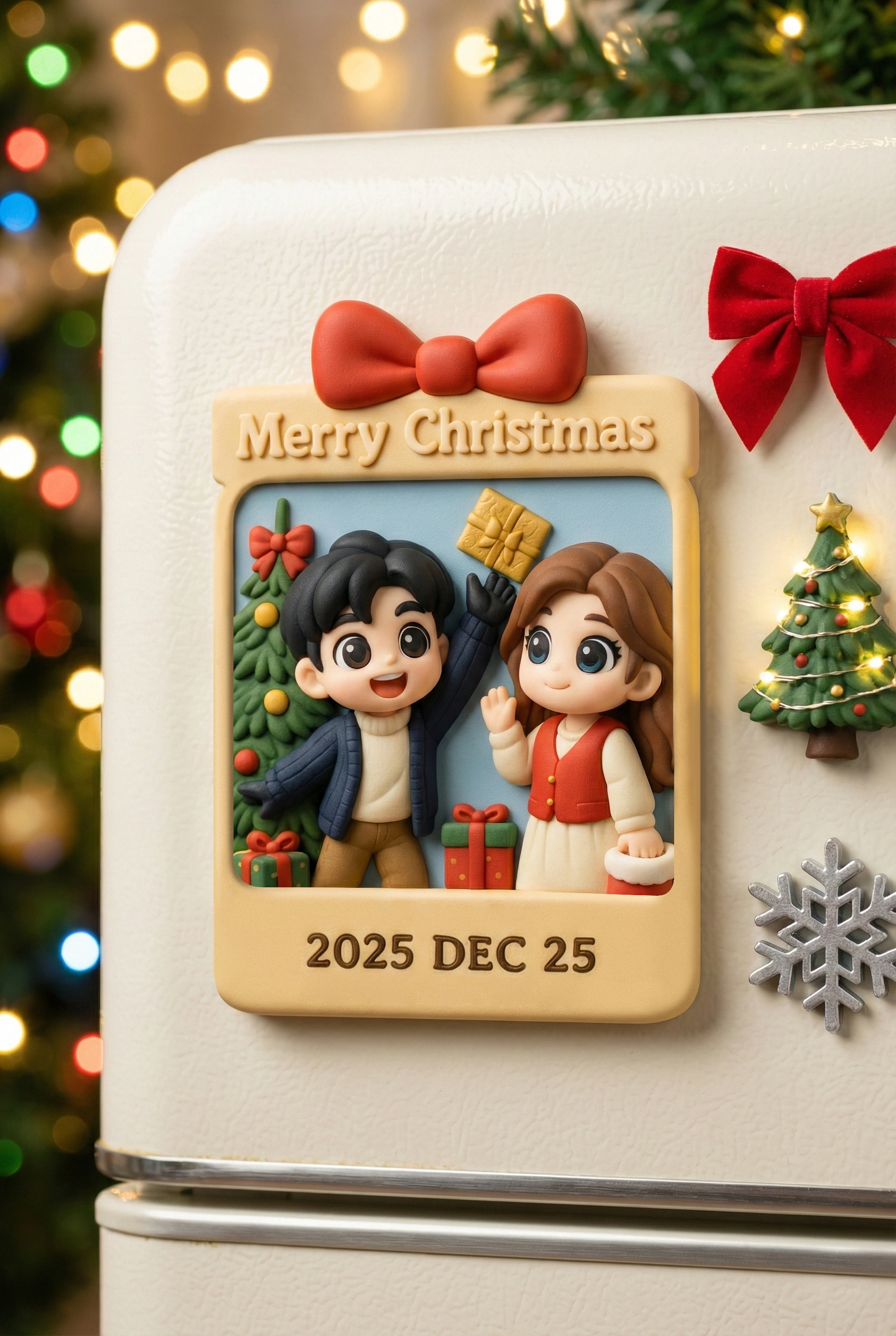 Christmas-themed portrait relief displayed on a refrigerator