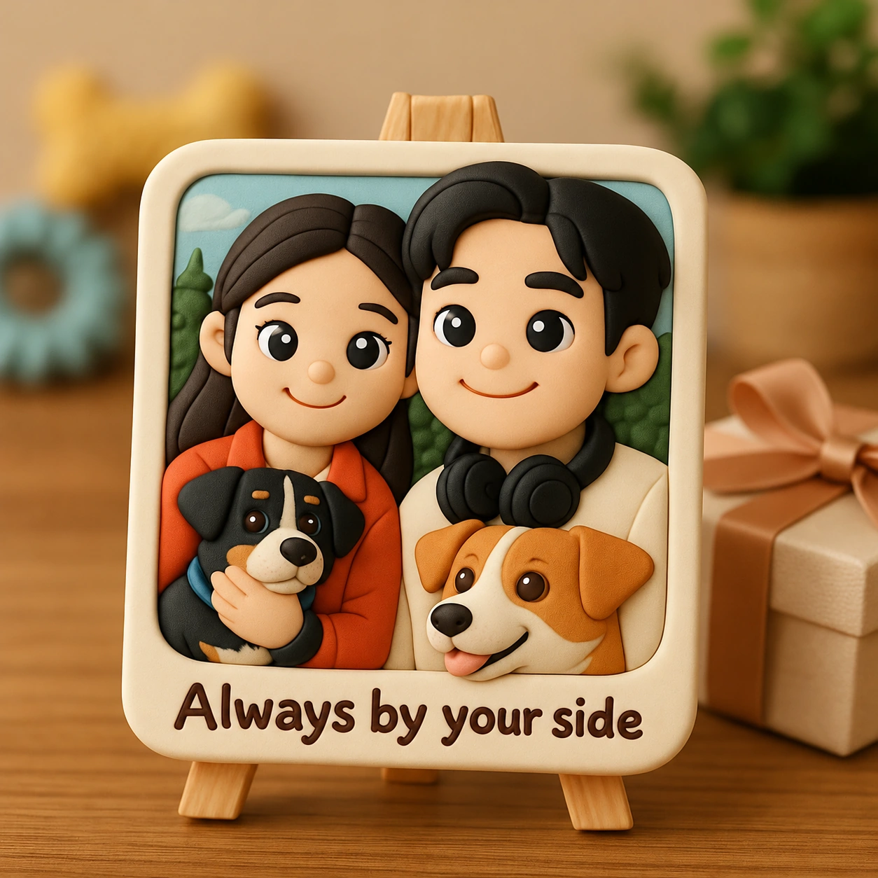 Couple and dogs in a portrait relief displayed on a small easel