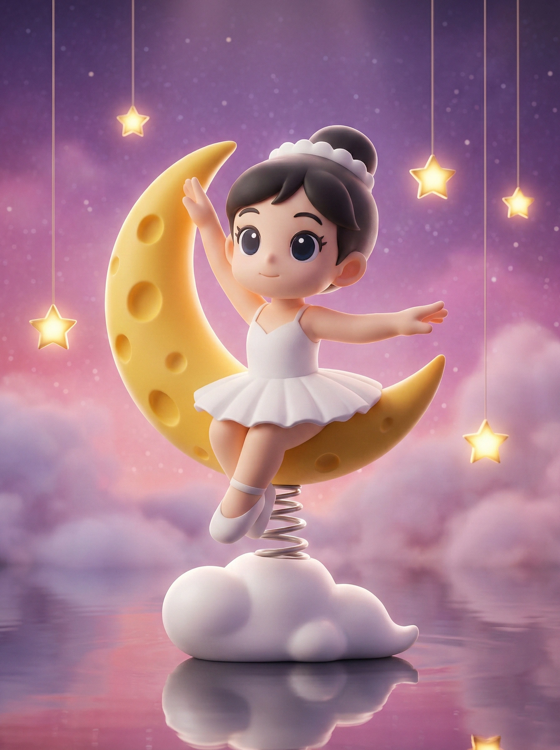 Cartoon dancer sitting on a moon-shaped spring display