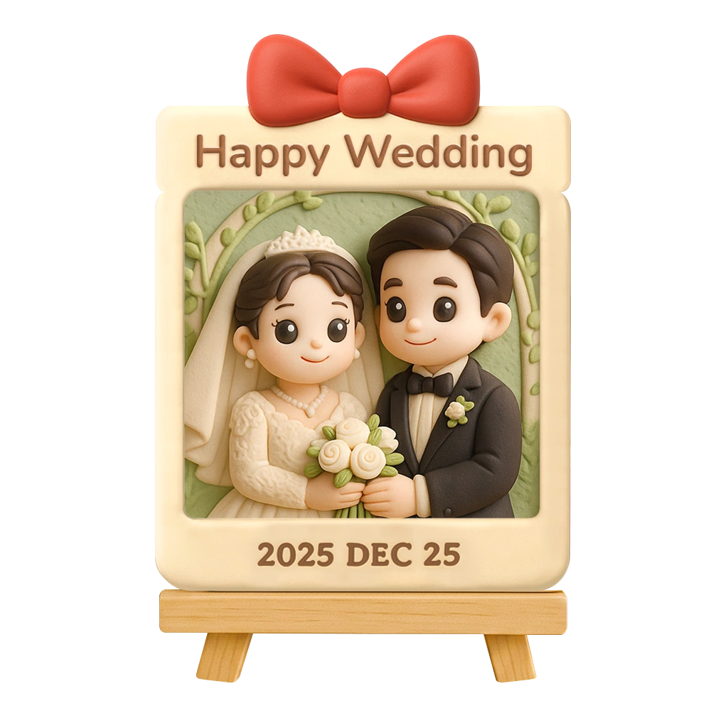 Wedding portrait relief with a gift-box-shaped border on an easel
