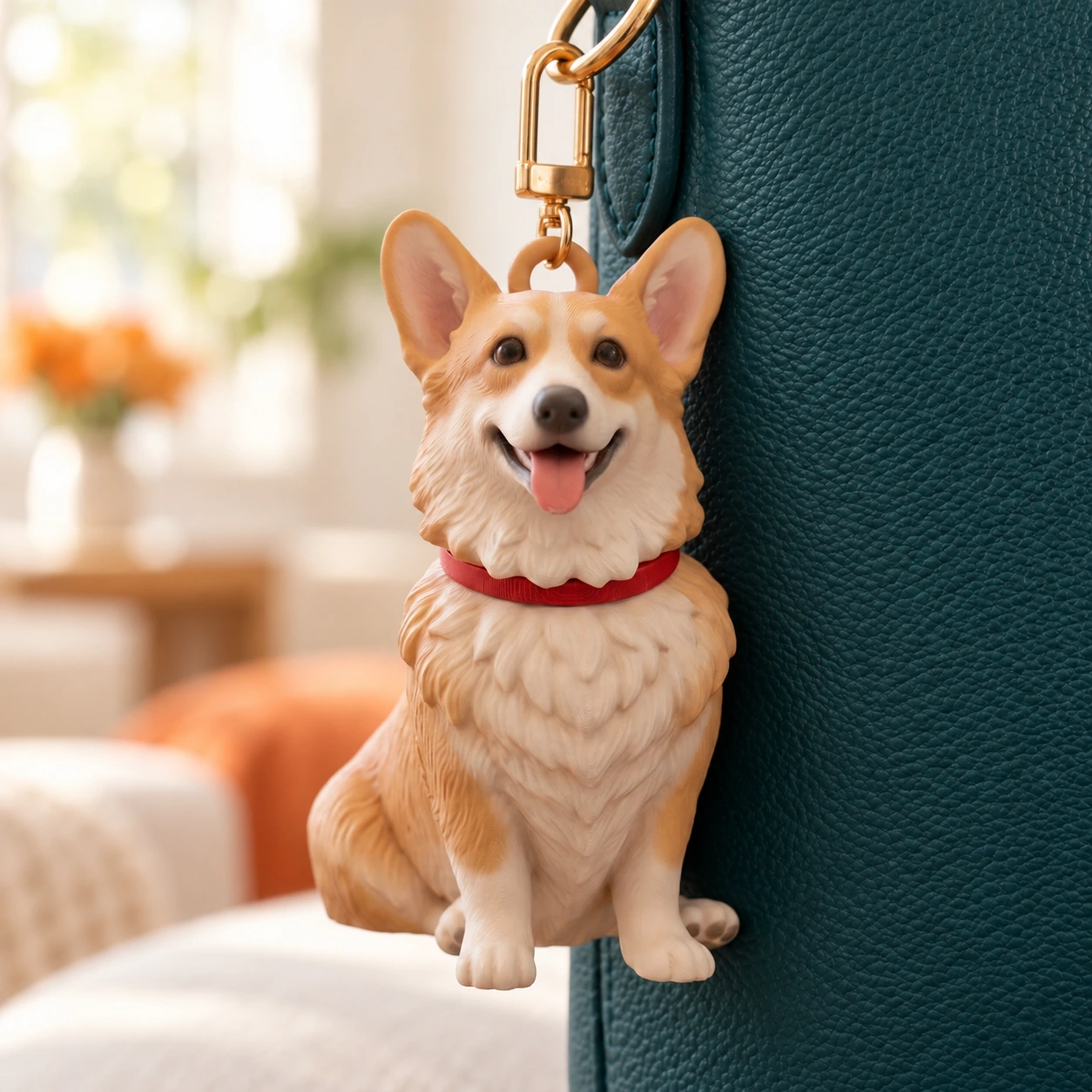 Realistic corgi charm hanging from a plain deep-teal bag