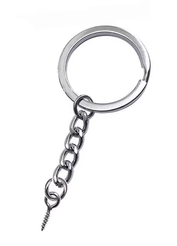 Metal split keyring attached to a short chain
