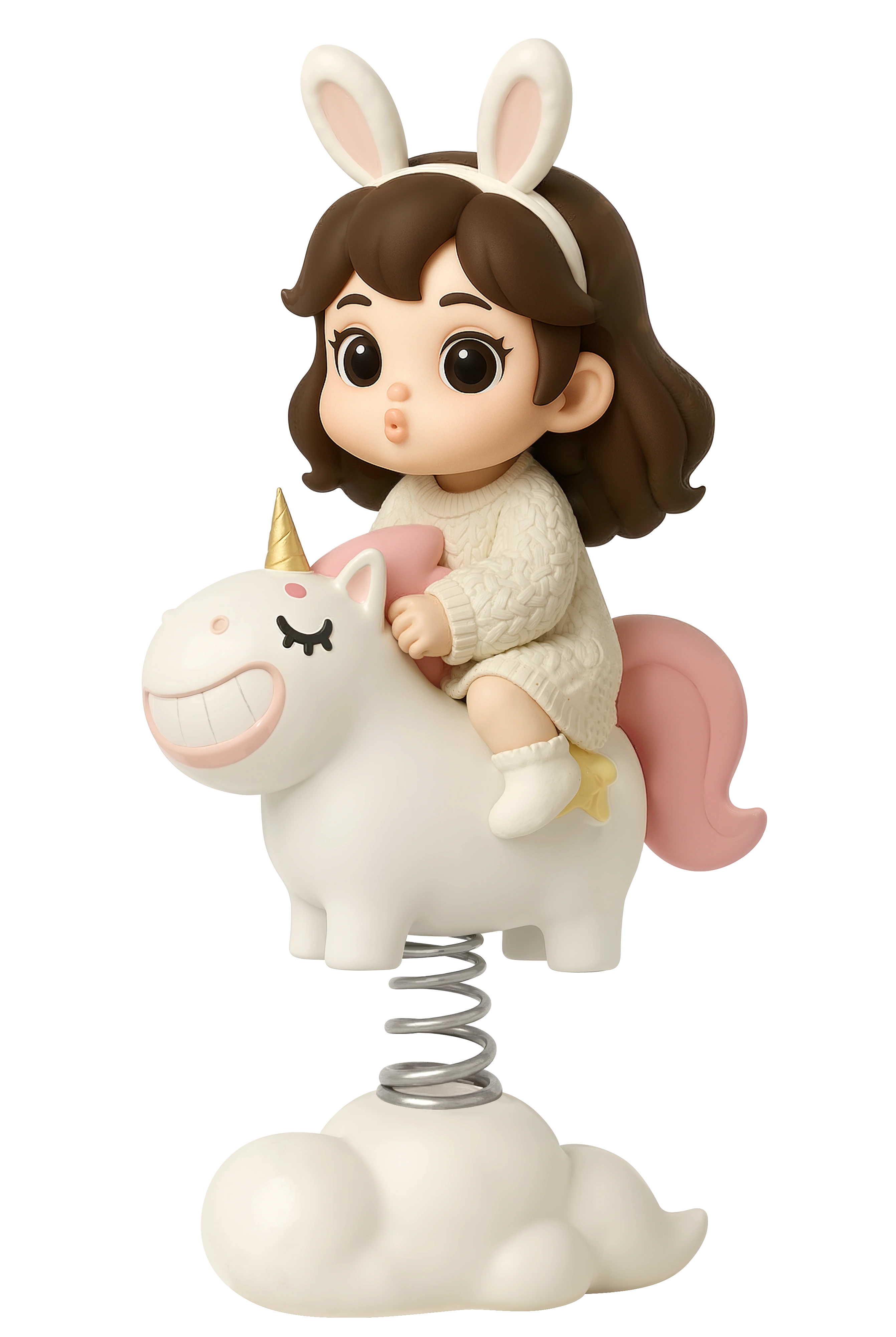 Cartoon child riding a unicorn-shaped rocker above a cloud base