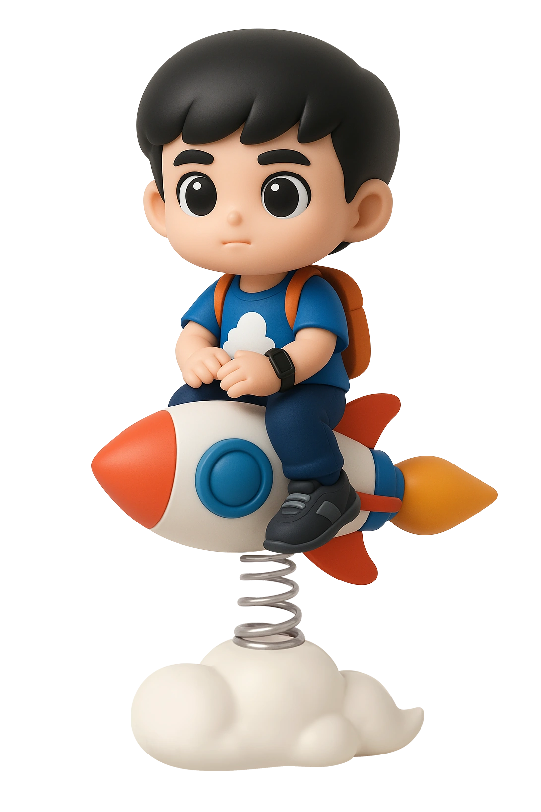 Cartoon child sitting in a rocket-shaped rocker above a cloud base