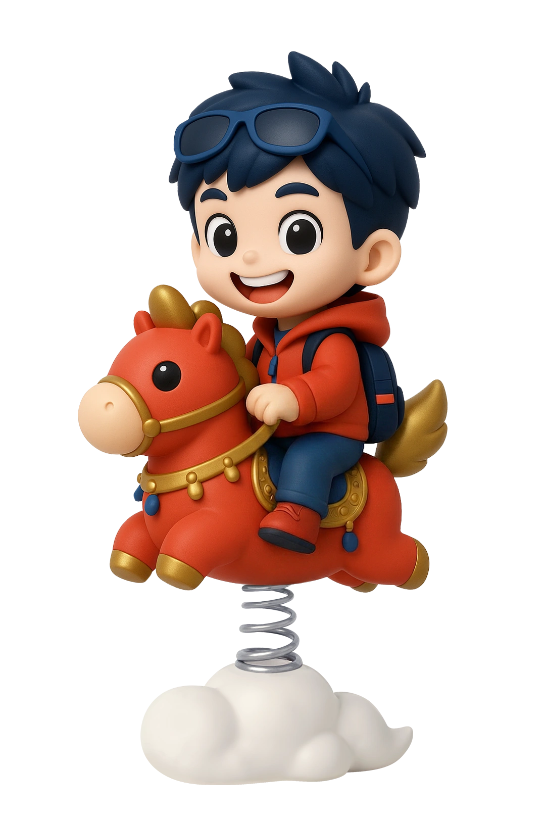 Cartoon child riding a horse-shaped rocker above a cloud base