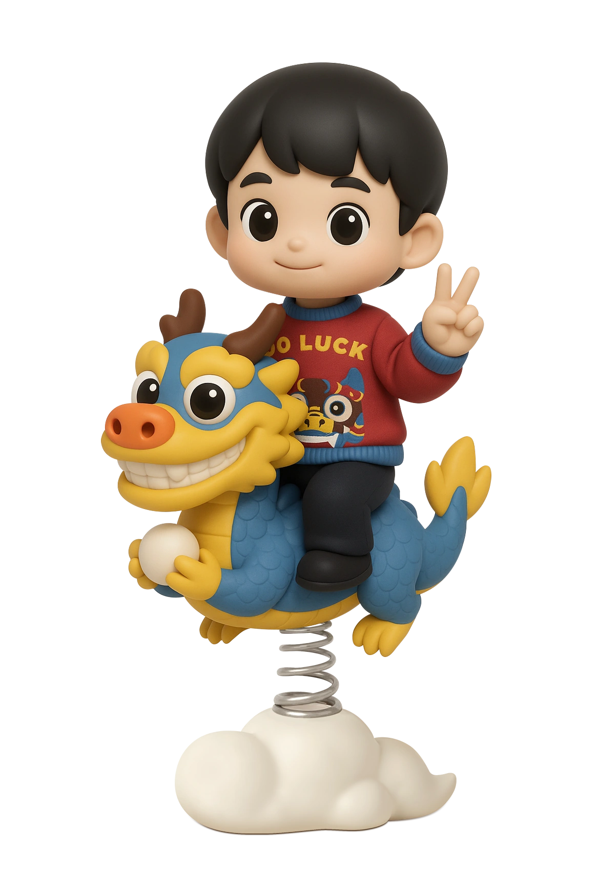 Cartoon child riding a dragon-shaped rocker above a cloud base
