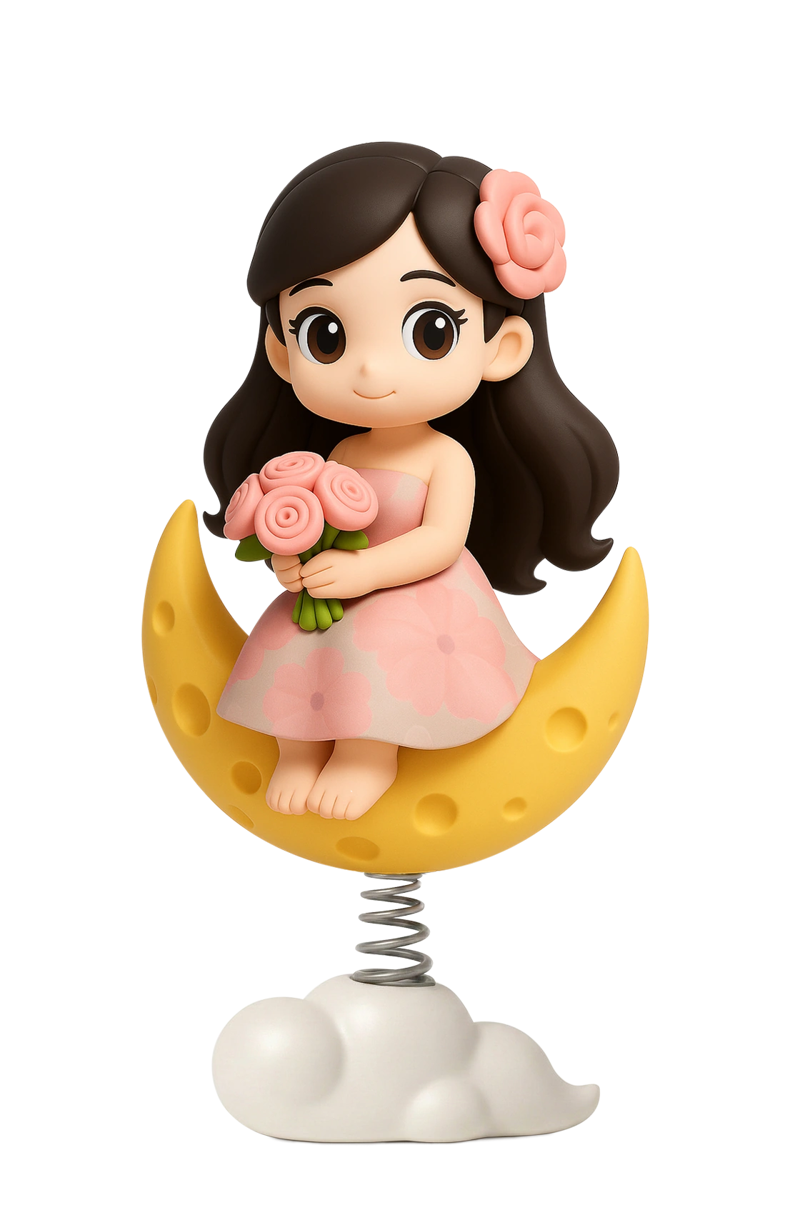 Cartoon child sitting on a crescent-moon rocker above a cloud base