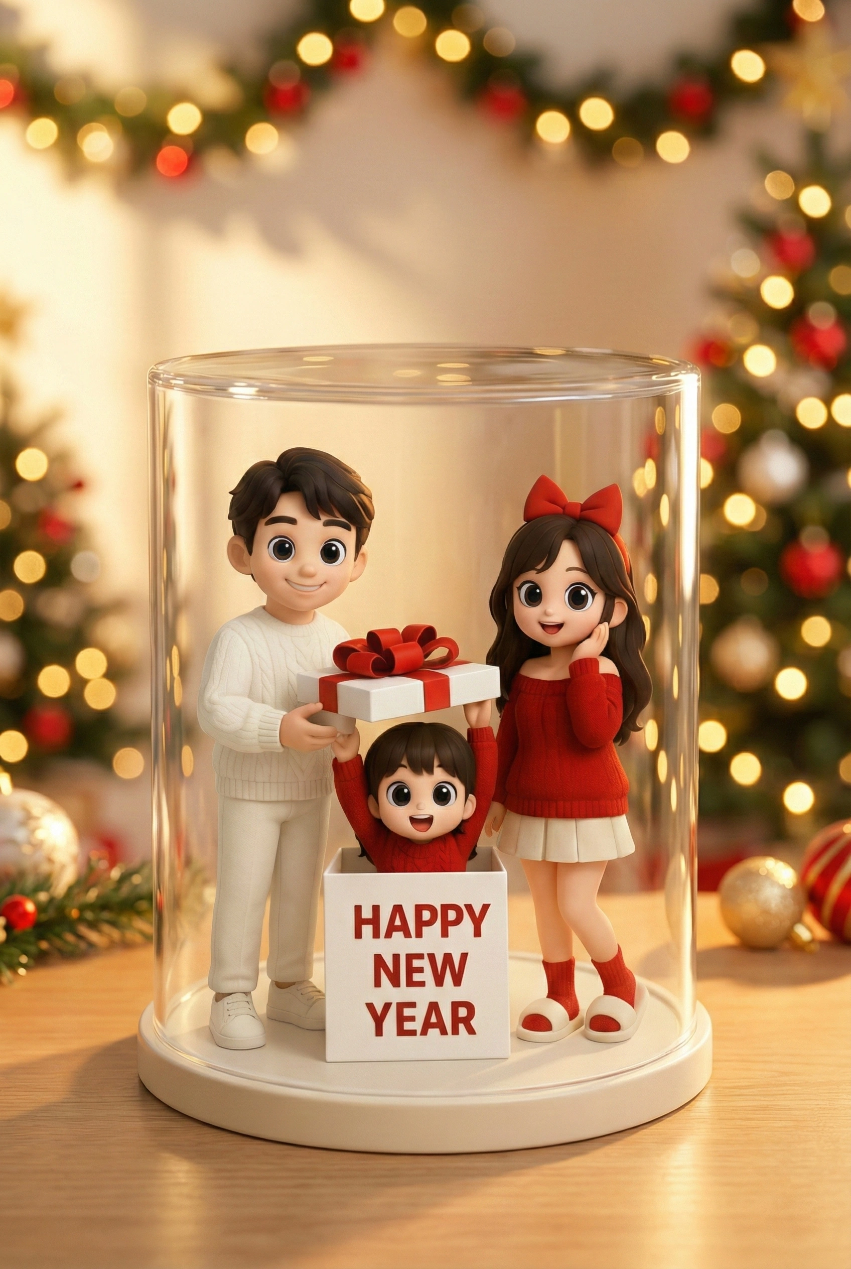 Multi-person seasonal scene inside a transparent cylinder