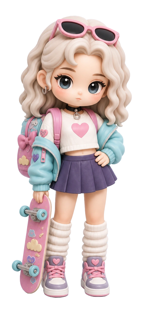 White-haired cartoon woman with a skateboard on a round base