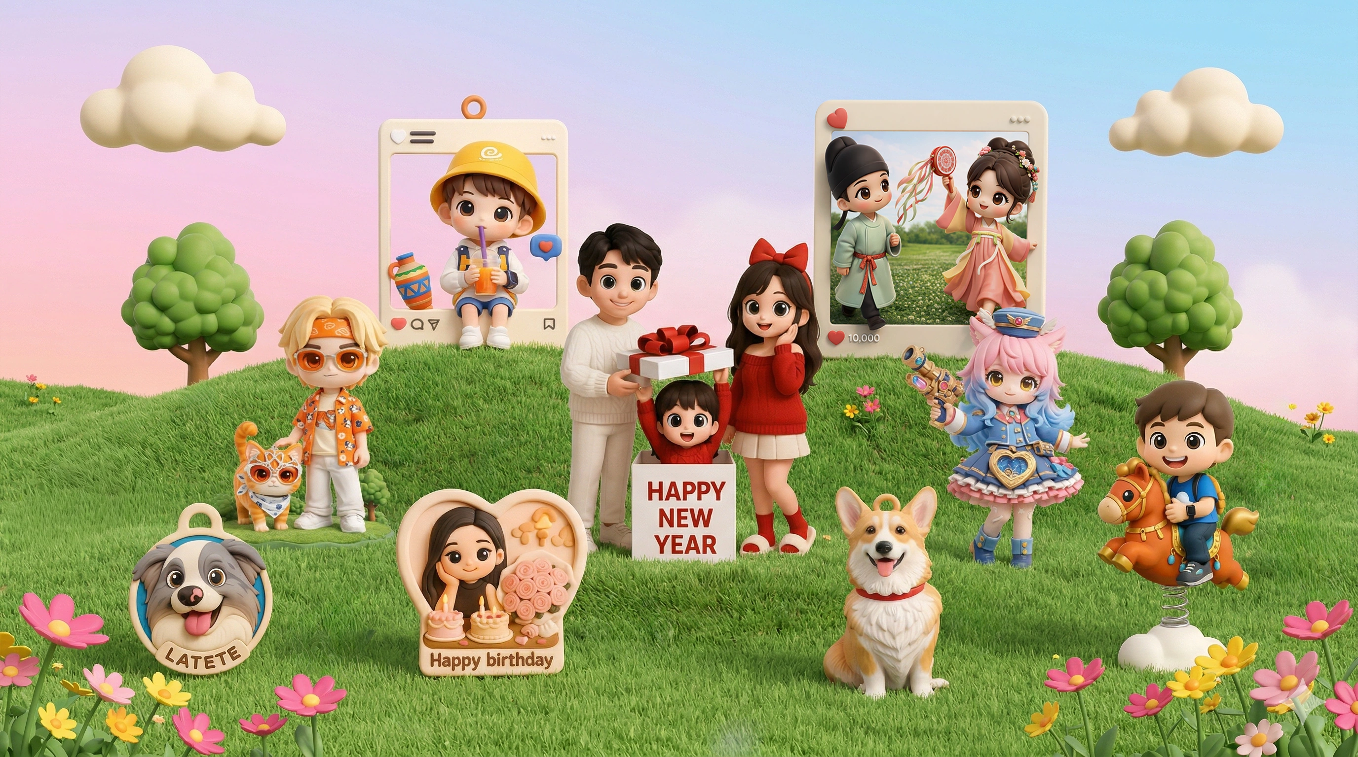Illustrated collection of figurines, reliefs, charms, a frame and a rocker