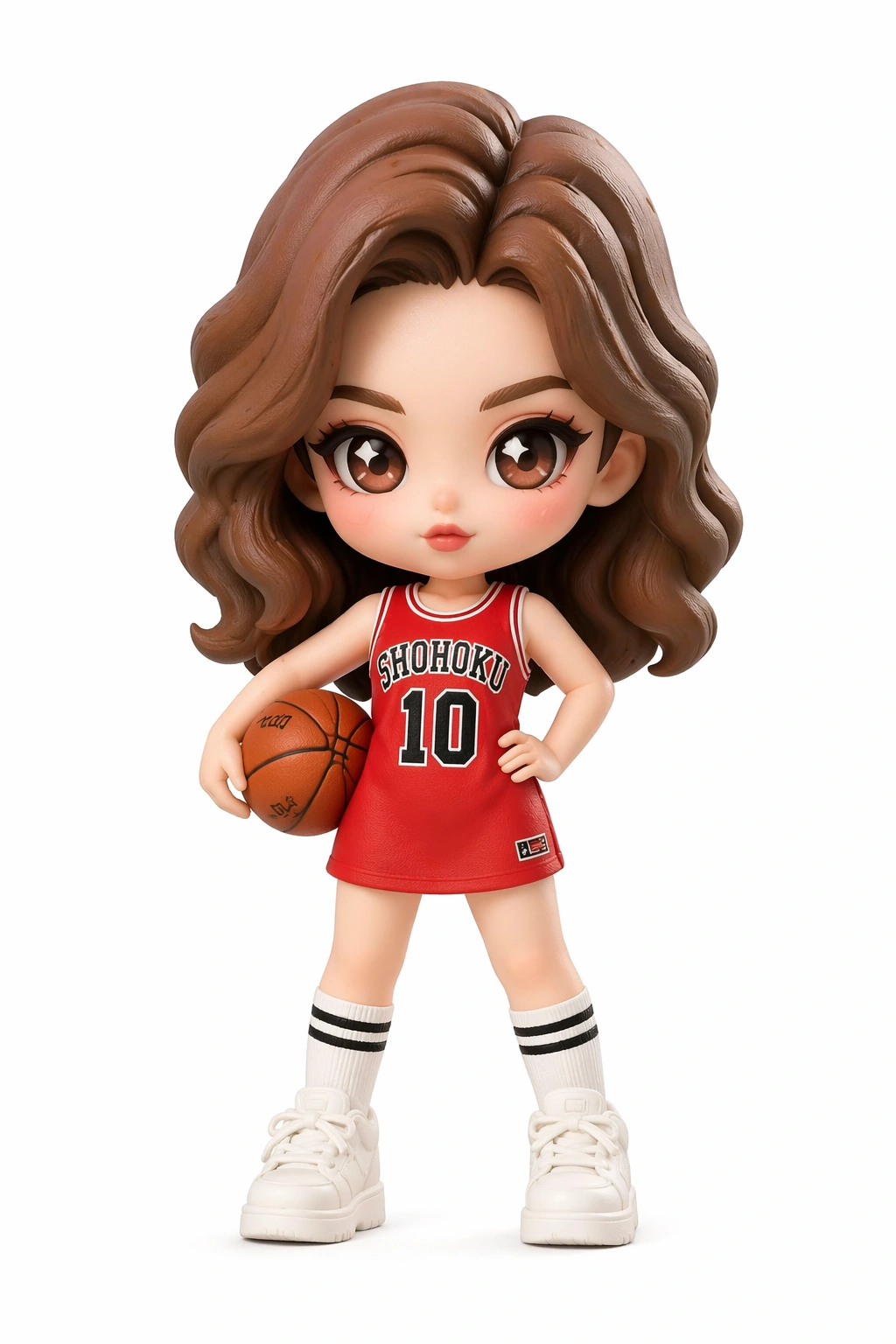 Cartoon woman with defined eyes and a red basketball outfit
