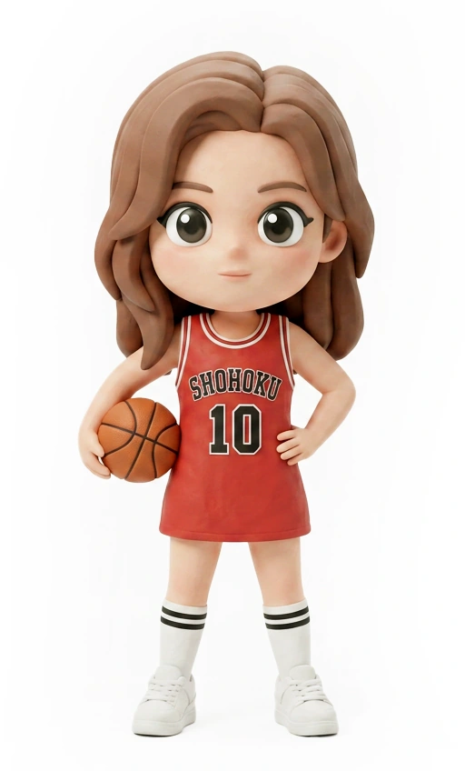 Clay-like cartoon woman in a basketball outfit
