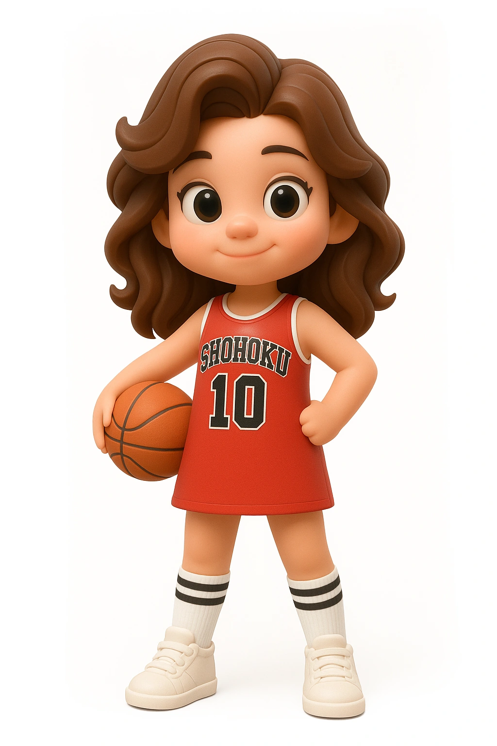 Large-eyed animated-style woman holding a basketball
