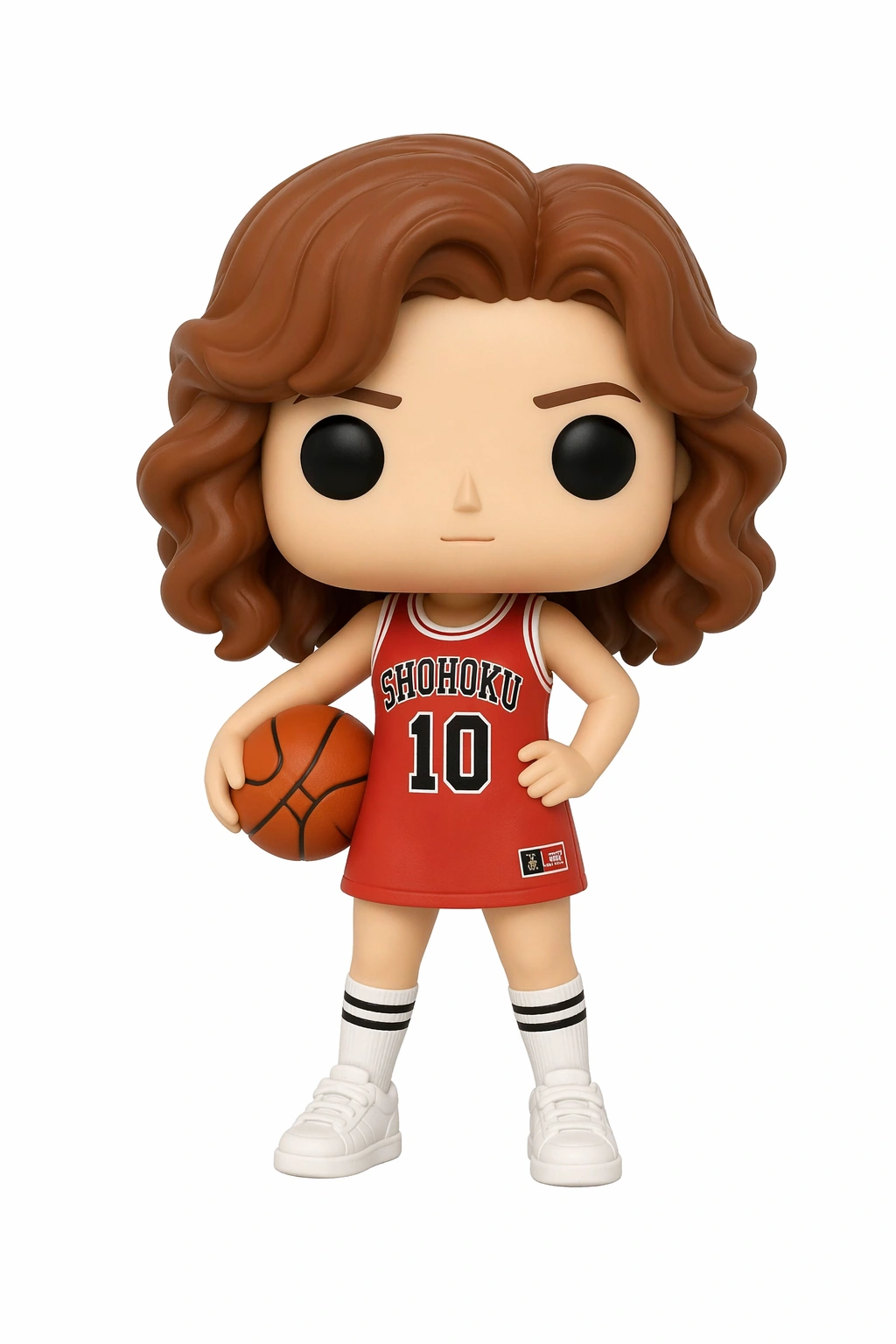 Square-headed cartoon woman in a red basketball outfit