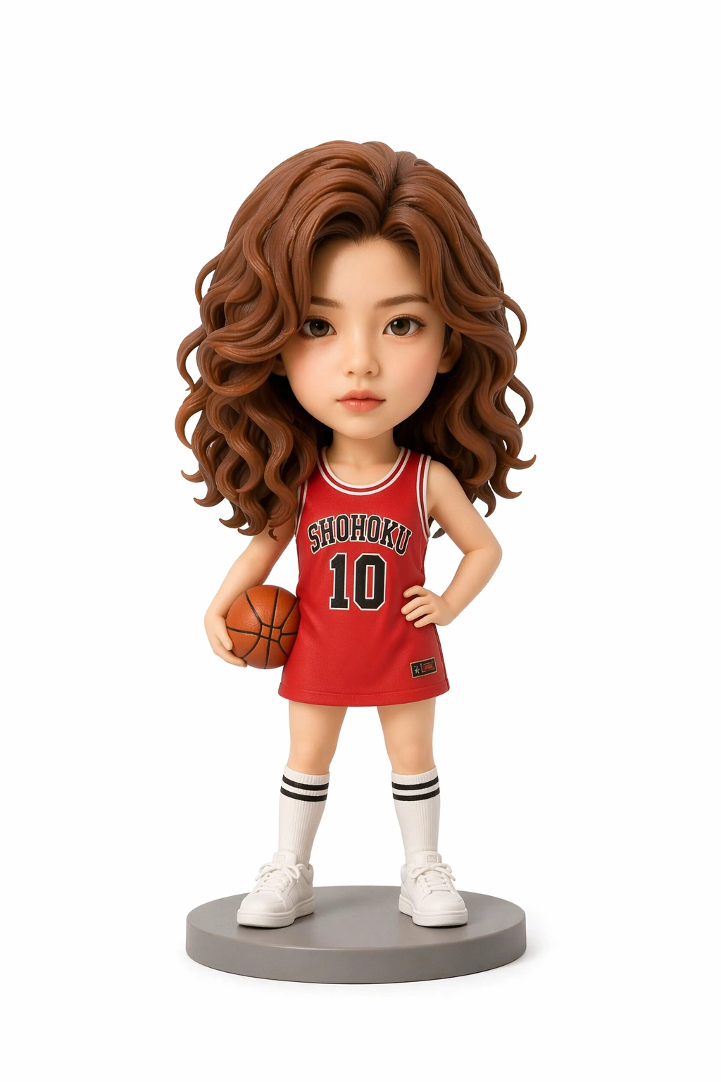 Stylized woman in a basketball outfit standing on a round base
