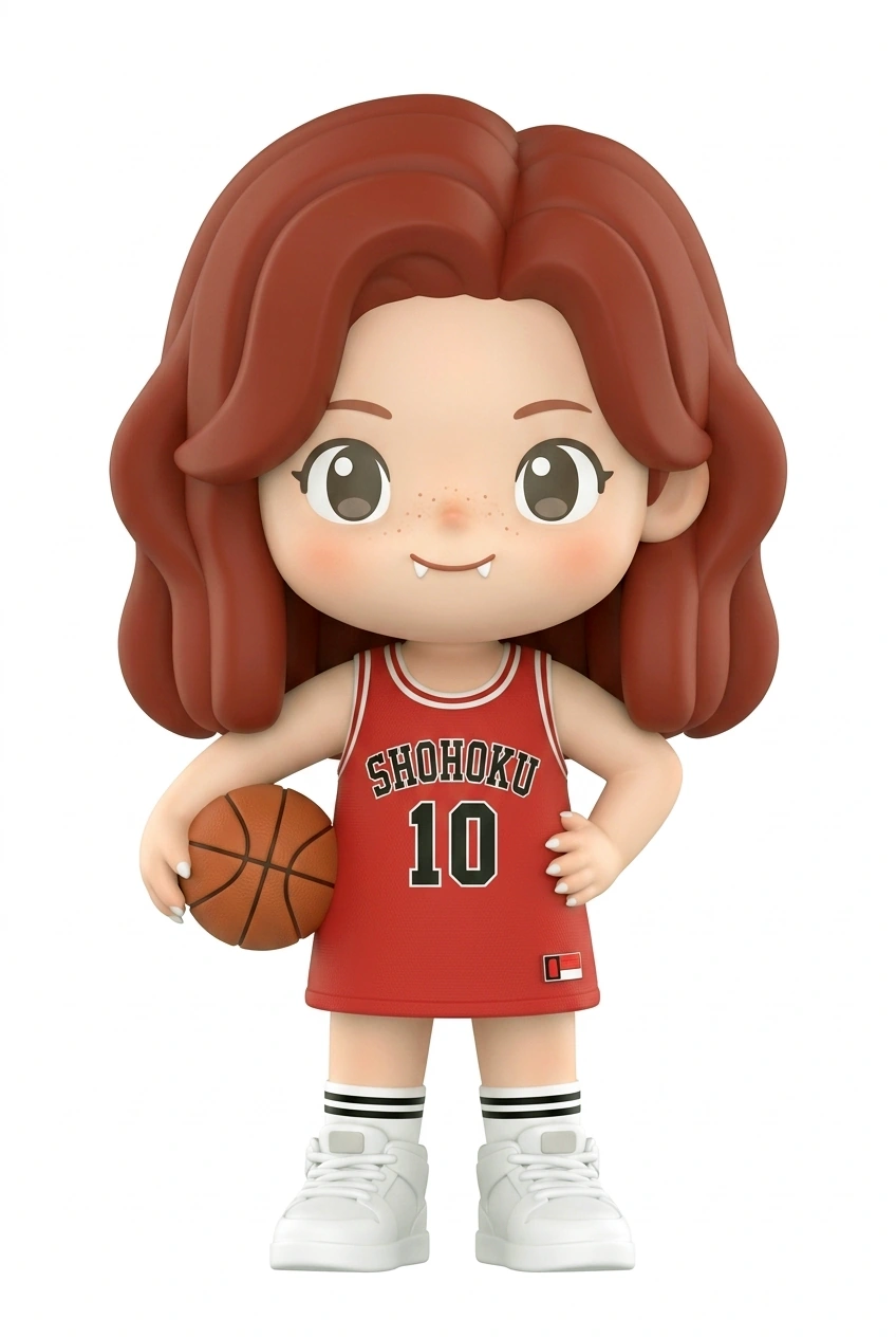 Playful cartoon woman with an exaggerated face and basketball outfit