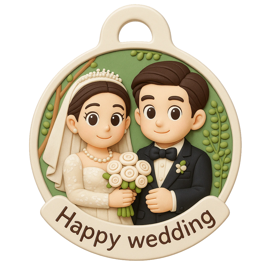 Round wedding portrait relief charm with a printed top loop