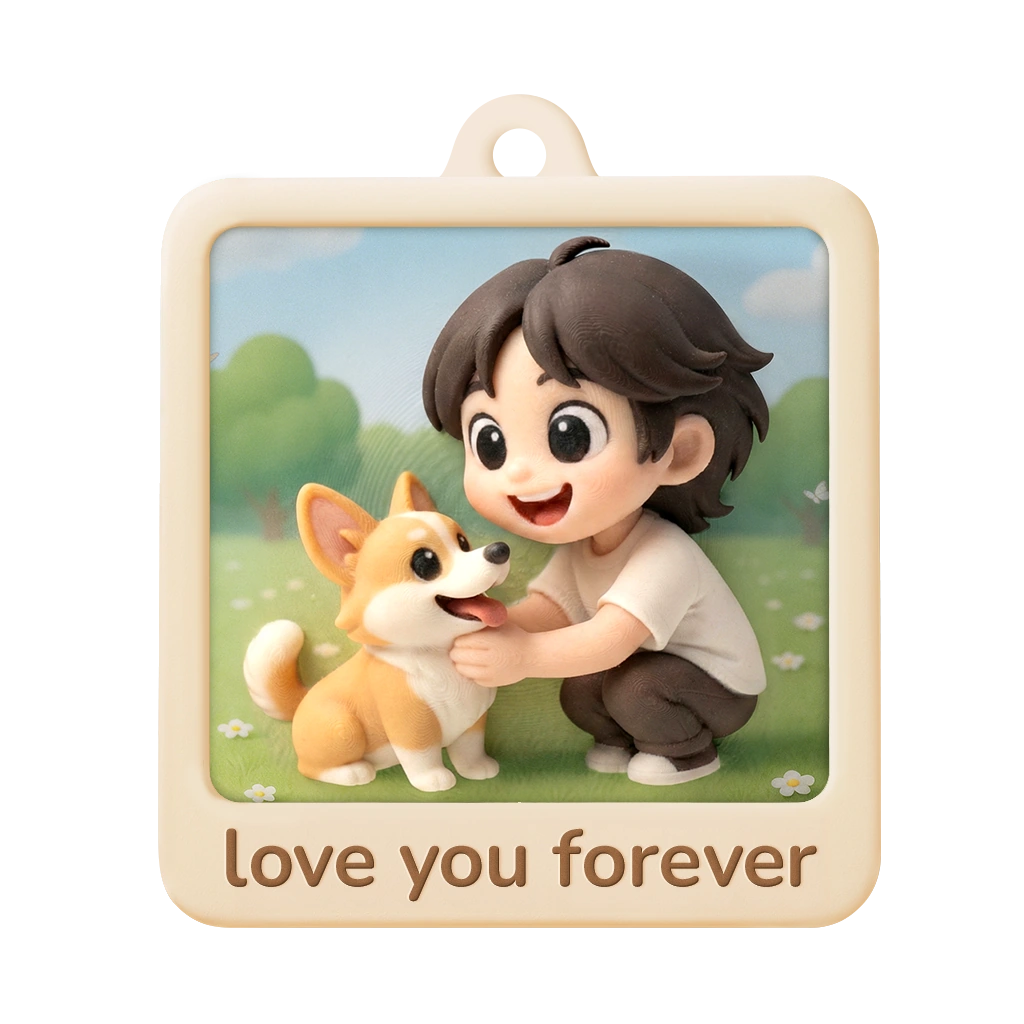 Rounded-square relief charm showing a boy and corgi