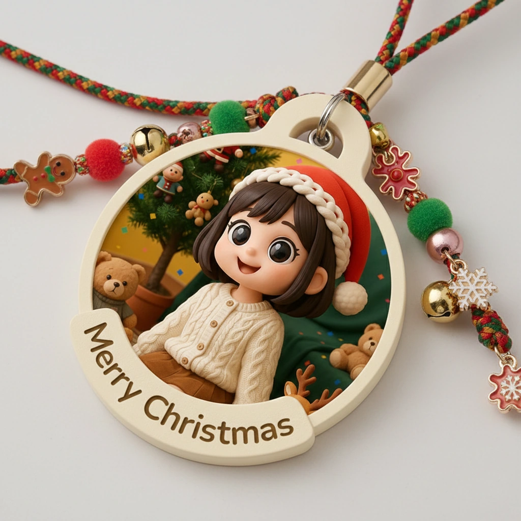 Round Christmas portrait relief hanging from a red strap