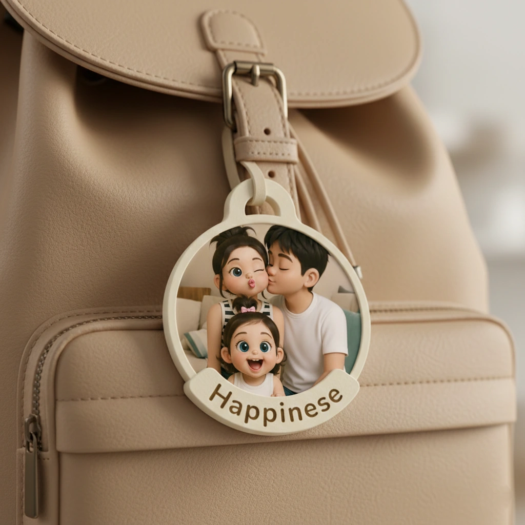 Round family portrait relief charm hanging from a plain bag