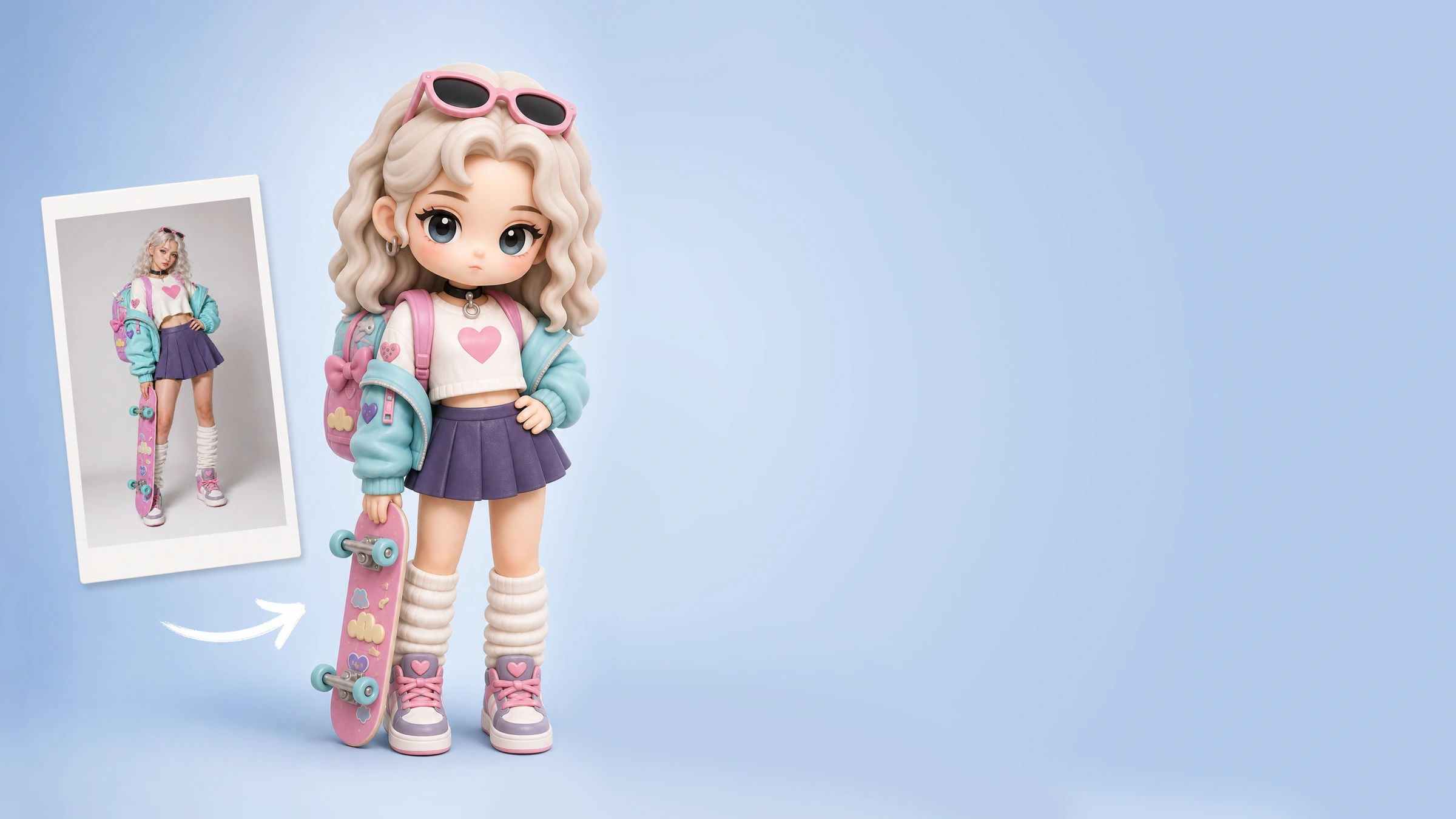 Supplier reference photo of a woman with a skateboard and corresponding Soft Cute 3D selfie figurine