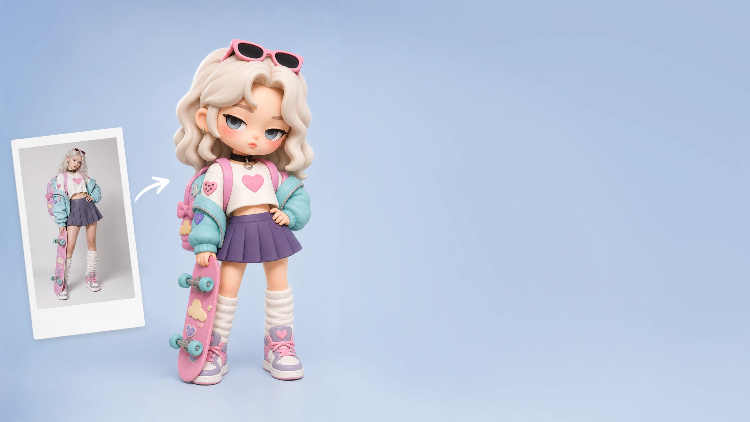 A framed photo of a woman beside the corresponding Laid-back Cartoon 3D figurine, showing relaxed eyes and a reserved expression.
