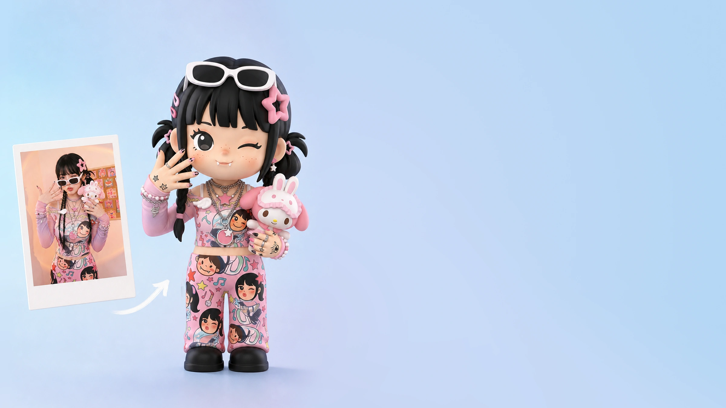 A framed photo of a woman holding a toy rabbit beside the corresponding Small Monster Cartoon 3D figurine with playful facial details.