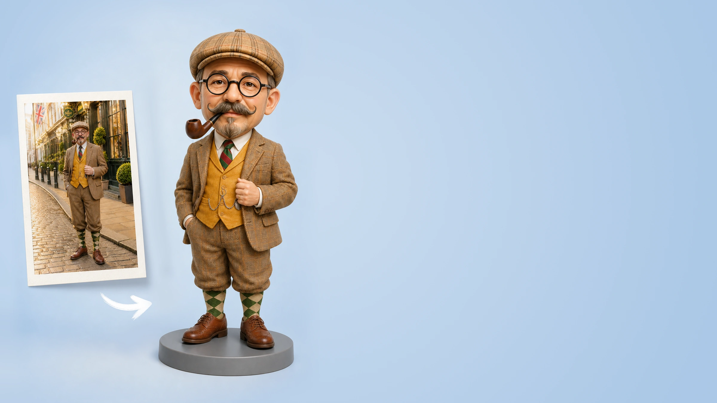 A framed photo of an older man beside the corresponding Semi-realistic 3D figurine, showing natural facial detail with enlarged doll-like proportions.